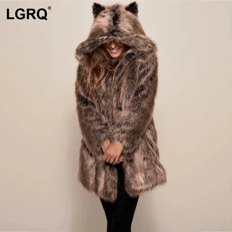

[LGRQ] Women's Thicken Furry Faux Fur Jacket New Cut Ear Hooded Long Sleeve Coat Fashion Tide Autumn Winter 2021 19D3259