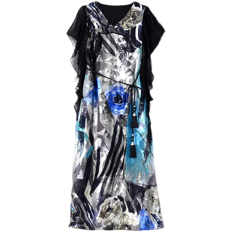 

Summer Elegant Black Print Mulberry Silk Beach Dress 2021 Casual M-5XL Plus Size Chiffon Midi Sundress Women Slim Party Vestidos