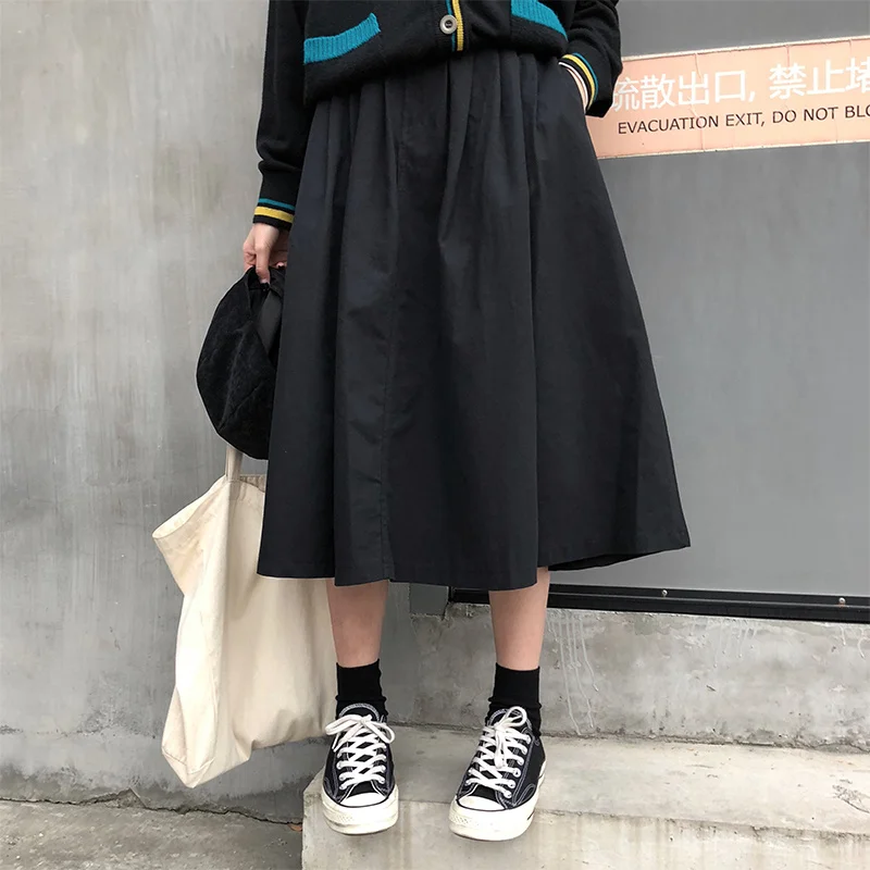 

2 colors Midi Skirt Women solid color Long Skirts Female vintage style elastic waist High Waist a line skirts womens (X942)