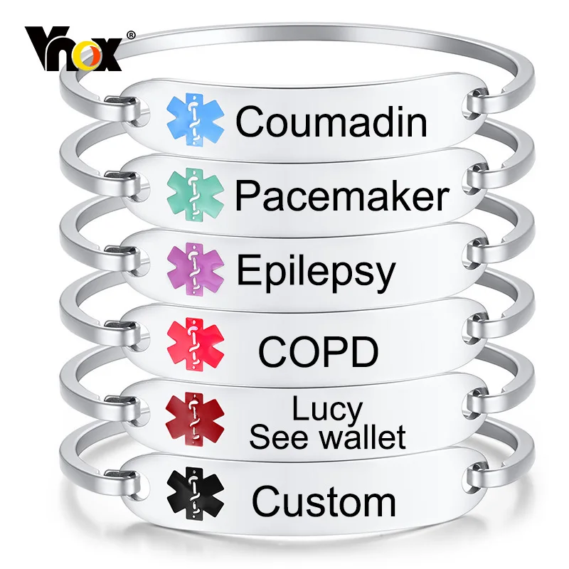 

Vnox Free Customize Medical Women Men Bracelet, Disease Engraving Alert Cuff Bangle, Simple Anti Allergy Stainless Steel Bangle