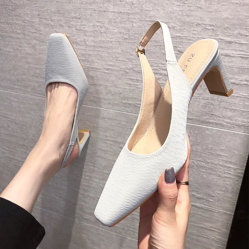 

Spring Shoes 2021 Summer Square Toe Buckle Strap Luxury Sandals Shallow Mouth Women's Heels Suit Female Beige Med Comfort Fashio