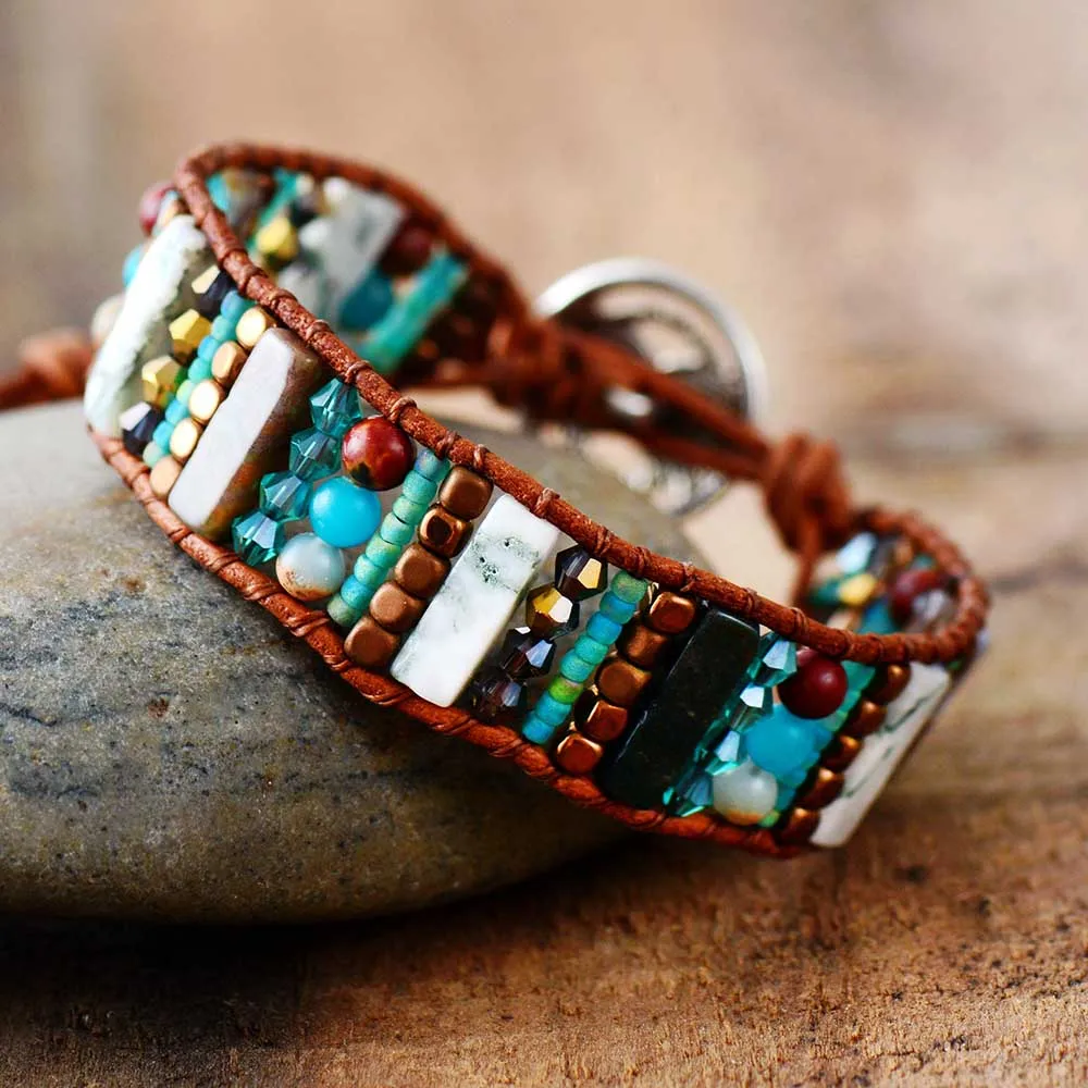 Женский Браслет манжета в стиле бохо из искусственных камней|leather wrap bracelet|wrap