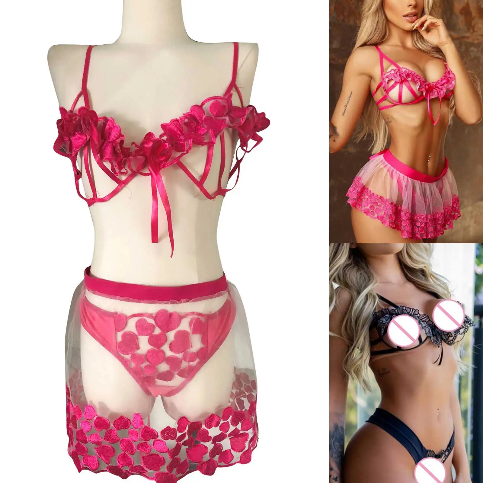 

Ladies Sexy Temptation Underwear Embroidered Lace Mesh Suspenders Pajamas