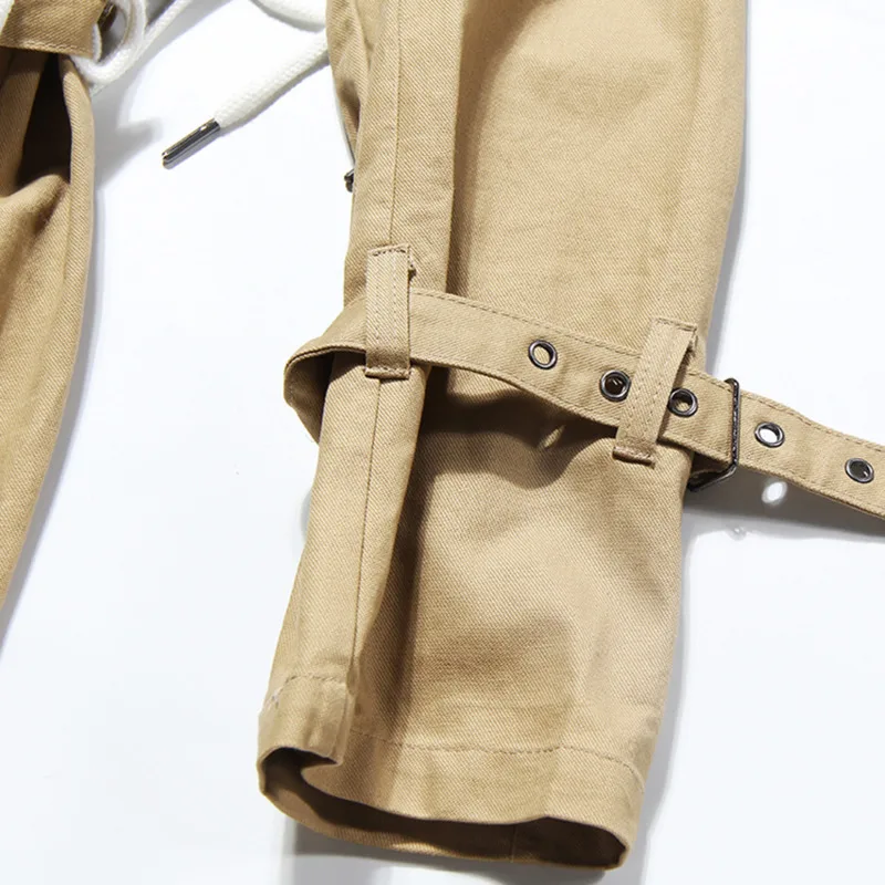 

[DEAT] Lapel Collar Sashes Long Windbreaker Women Double Breasted Drawstring Solid Khaki New Fashion Tide 2021 Spring GX135