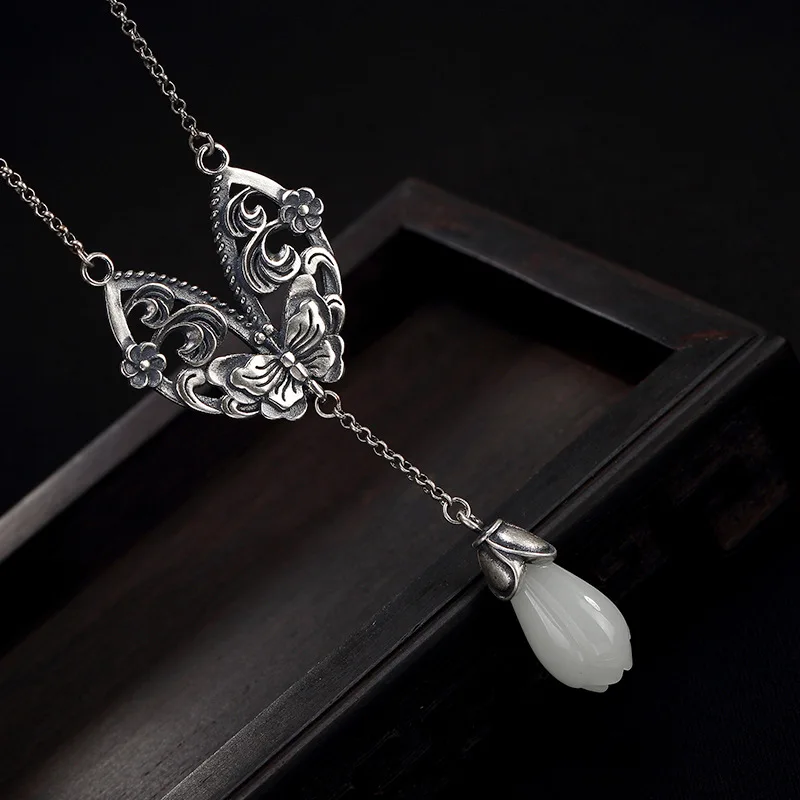 

Real Pure Sterling Silver 925 Butterfly Pendant For Women With Natural Stones Antique Retro Jade Pendant Colgante