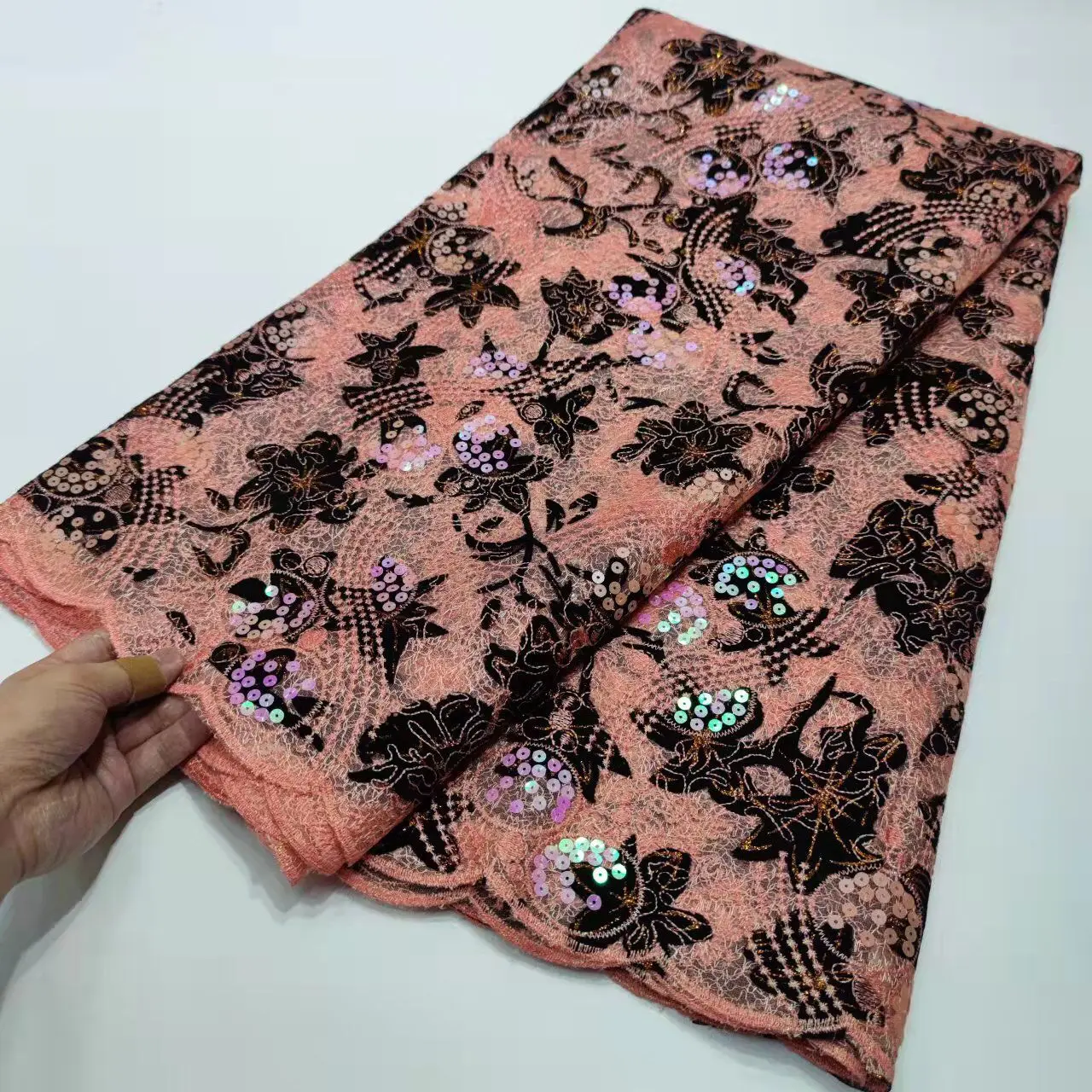 Оптовая продажа Лидер продаж сетчатая кружевная ткань с 3D блестками розовая 2022