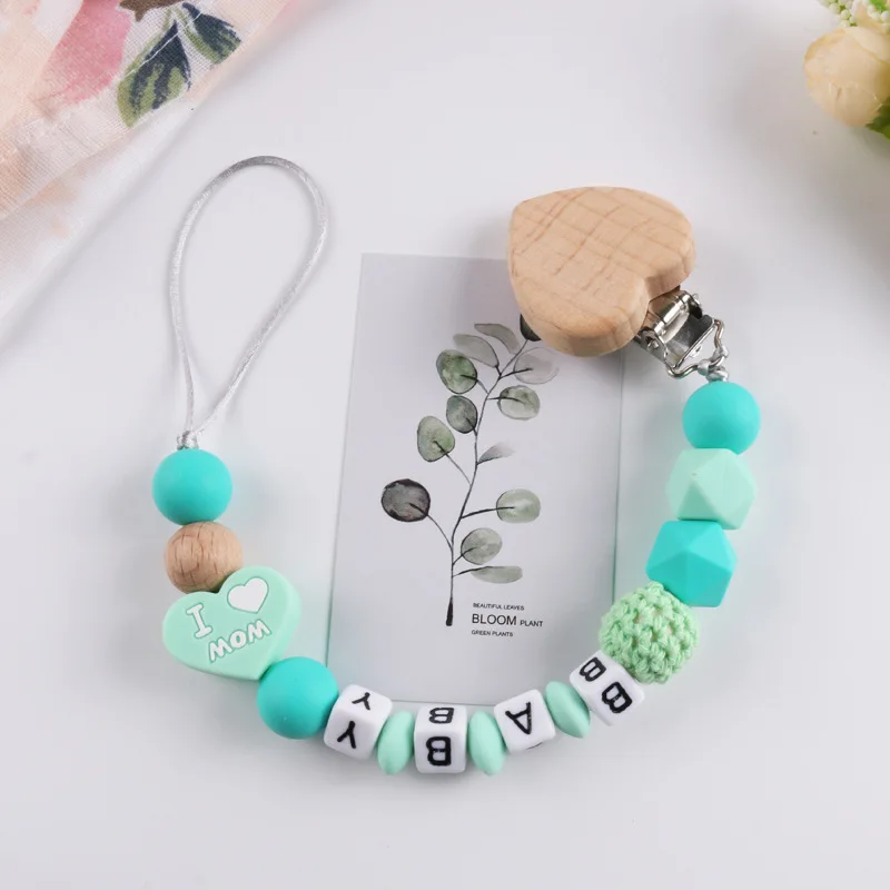 Cadena de chupete de madera de haya para beb&eacute;, clip de silicona personalizado, soporte para chupete, mordedor para beb&eacute; roedor-2