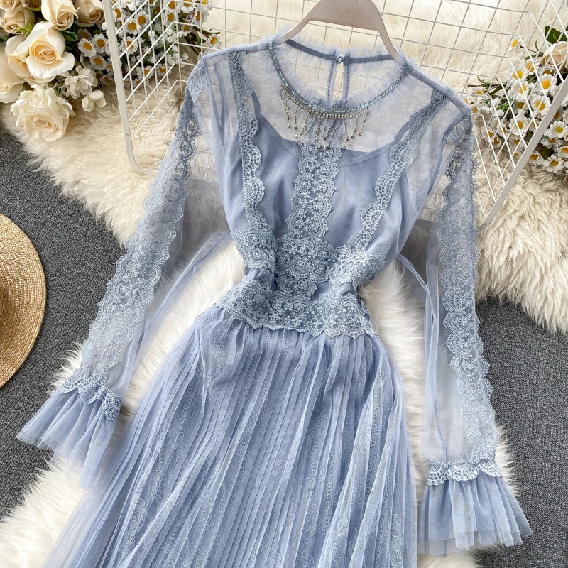 Женское кружевное платье в стиле ретро элегантное вечернее миди с длинным