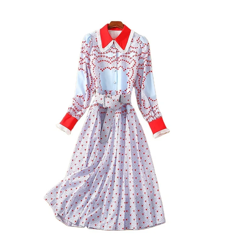

AliExpress 2021 New Patchwork Long Sleeve Belt Waist Pleated Elegant Heart Printed Dress Women