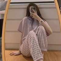 qweek womens pajamas summer night home suit pyjamas korean style solid color grid pijamas homewear sleepwear nightwear cute