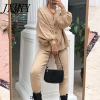 jxmyy knitted tracksuit women v neck cardigan sweaters and casual drawstring elastic pants trousers pullover sweater set outwear