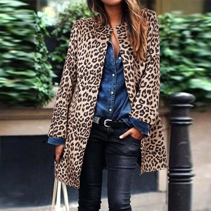 Женское осеннее тонкое пальто с длинным рукавом и леопардовым принтом верхняя