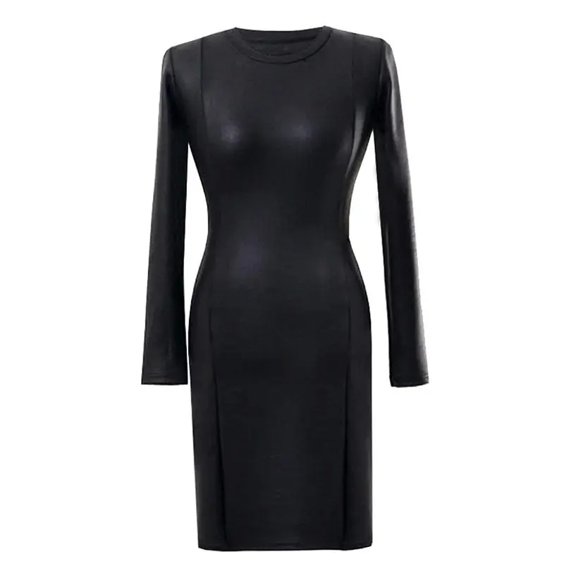 

Autumn Winter New Black PU Leather Leather Skirt Women's Long-Sleeved Sexy Dress Dresses for Women Vestido De Mujer