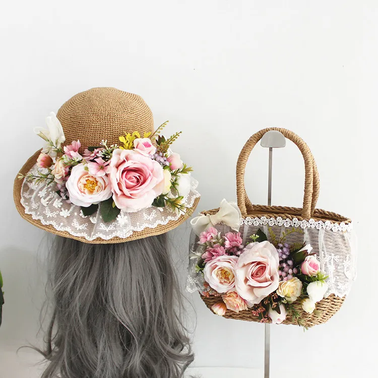 Женская пляжная сумка тоут из рафии комплект 2 предметов соломенная шляпа от