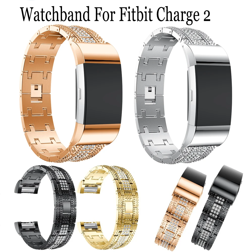 

New Rhinestone Stainless steel Quick Release watchband Replacement bracelet for Fitbit Charge 2 smart watch straps Accessories