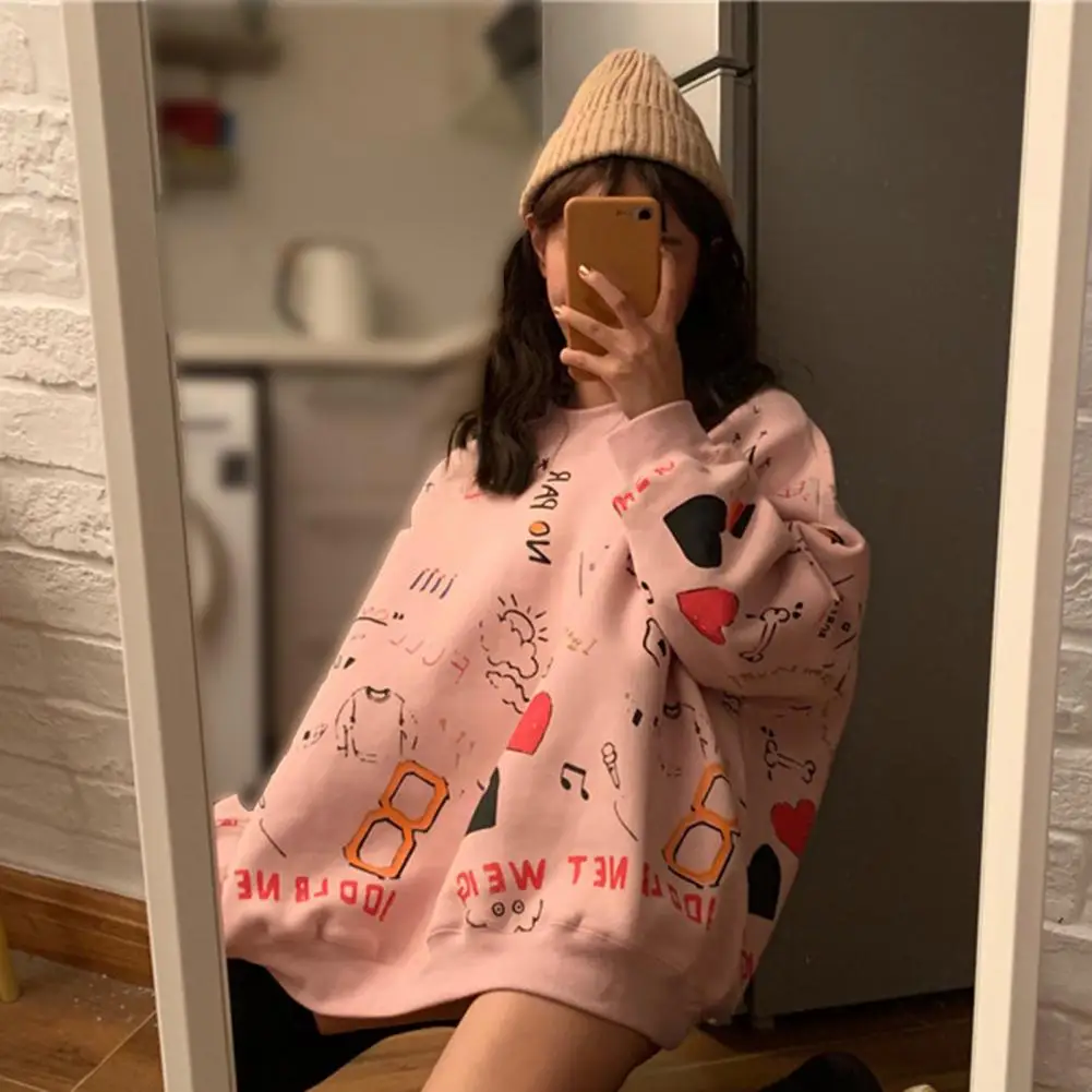 Hoodies Women Cute Print Loose Long Sleeve O Neck All Match Pullover Sweatshirt Tops Blue	M-2XL Women Clothing 2021