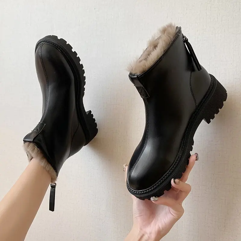 Boots 2020 Black 35 40 Size PU Leather Ankle Boots Plush Boots Female Women Shoes Women Fashion and Keep Warm Winter Boots Women