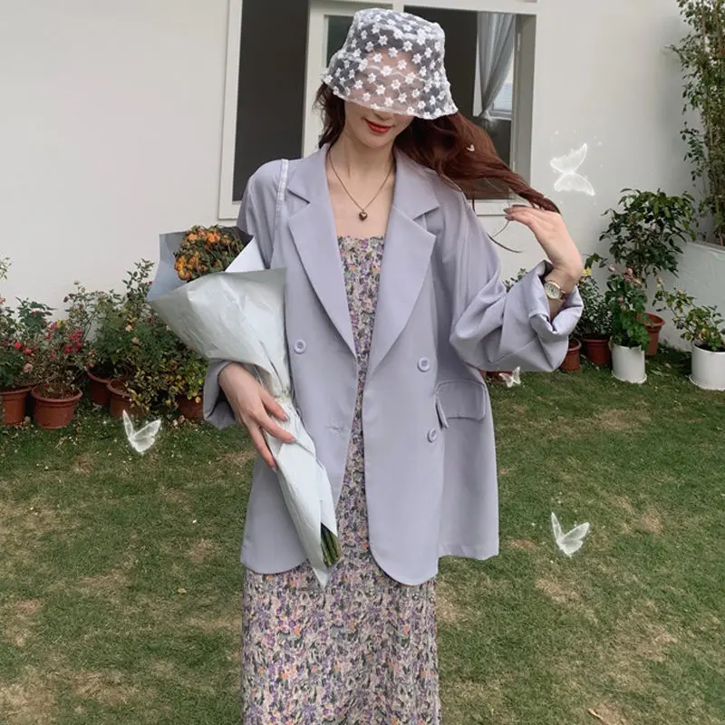 

Blazers Women Double-breasted Solid Long Sleeve Chiffon All-match Spring Elegant Summer Korean Style Loose Ladies Outwear Chic