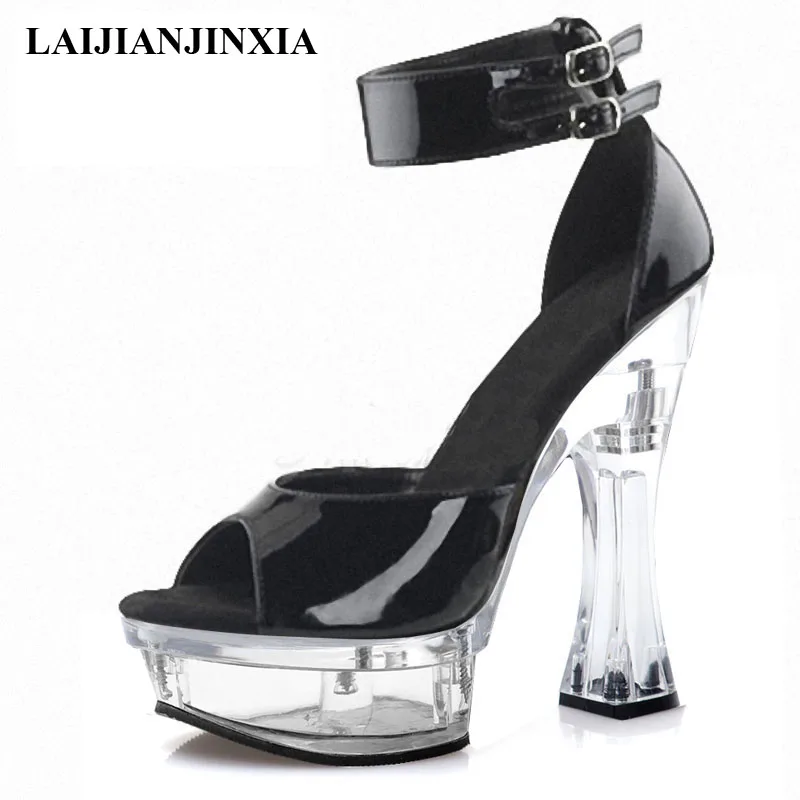 

Fashion Patent Leather Spool Heels Women Sandals Buckle strap Shallow 14 Cm Super High Heeled Shoes Sexy Fetish Coarse Shoes