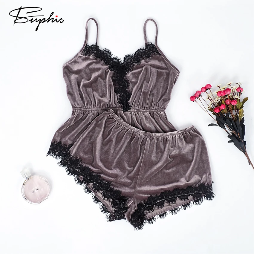 Женские привлекательные пижамные комплекты Suphis коричневые бархатные кружевные