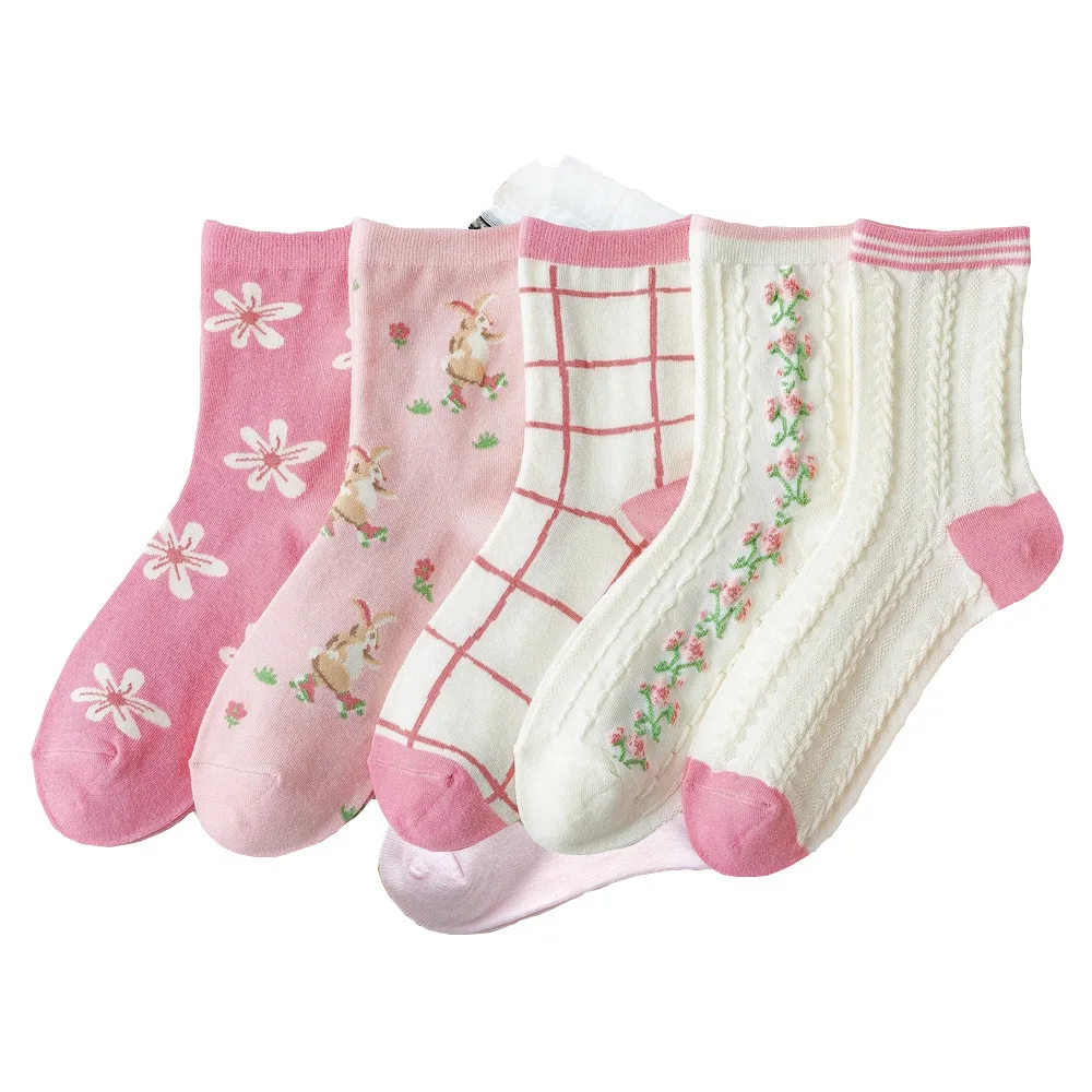 

Spring Autumn Kawaii Cartoon Rabbit Flower Woman Socks Cotton Japanese Kotrean Style Pink and Funny Socks Women's 62701