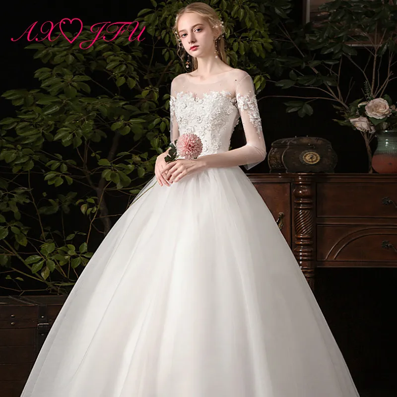 

AXJFU princess white illusion lace rose wedding dress party vintage o neck beading pearls three quarter sleeve wedding dress