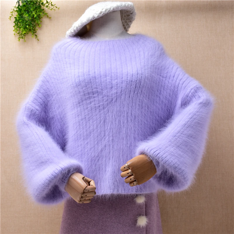 

Женский зимний плотный теплый пушистый полосатый норковый кашемировый вязаный Свободный пуловер с длинными рукавами-фонариками джемпер и...