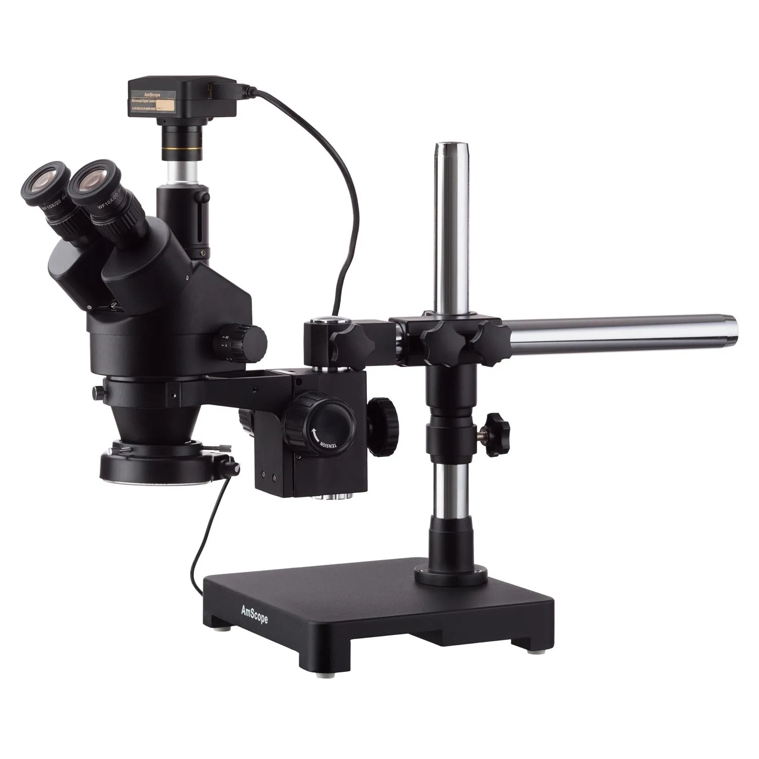 

7X-45X Black Trinocular Stereo Zoom Microscope on Single Arm Boom Stand + 144 LED Compact Ring-light with 14MP USB3.0 Camera