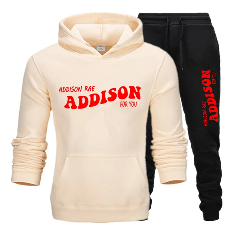 

2020 Addison Rae Hoodies Two Piece Set Tracksuit Long Sleeve Hoodies+Jogger Pant Hip Hop Style Streetwear&Pants Ms Sets