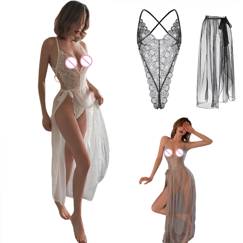 

X3UE New V-Neck Sexy Lingerie Ladies Backless Lace One-piece See-through Mesh Temptation Skirt Suit outfits
