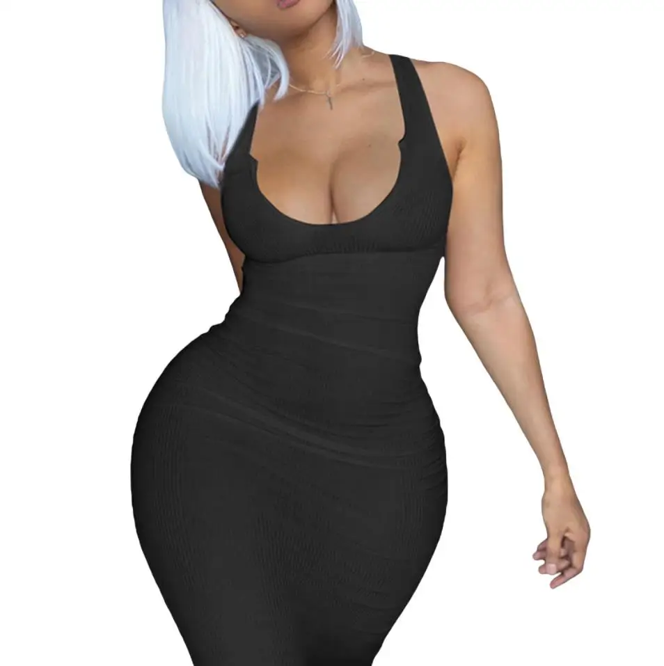 

Женское летнее сексуальное платье-футляр без рукавов с U-образным вырезом модные однотонные платья для женщин