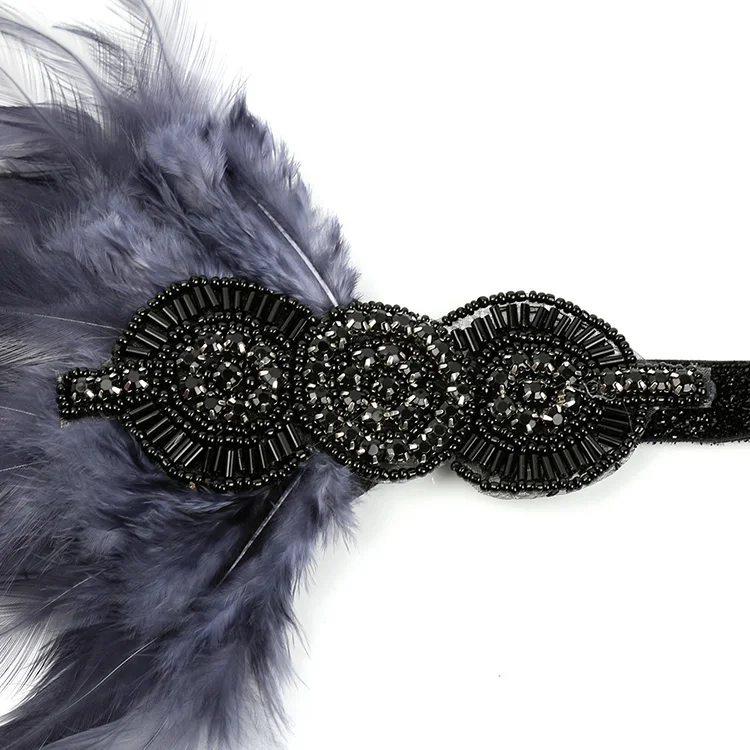 Винтажная повязка на голову с черными и серебряными перьями свадебный головной