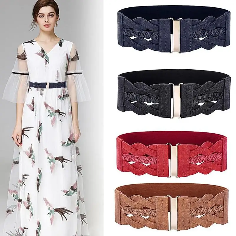 

Vintage Woven Wide Waist Belts For Women Shirt Dress Waistband Elastic Buckle Female Belt Girdle cinturones para mujer ceinture