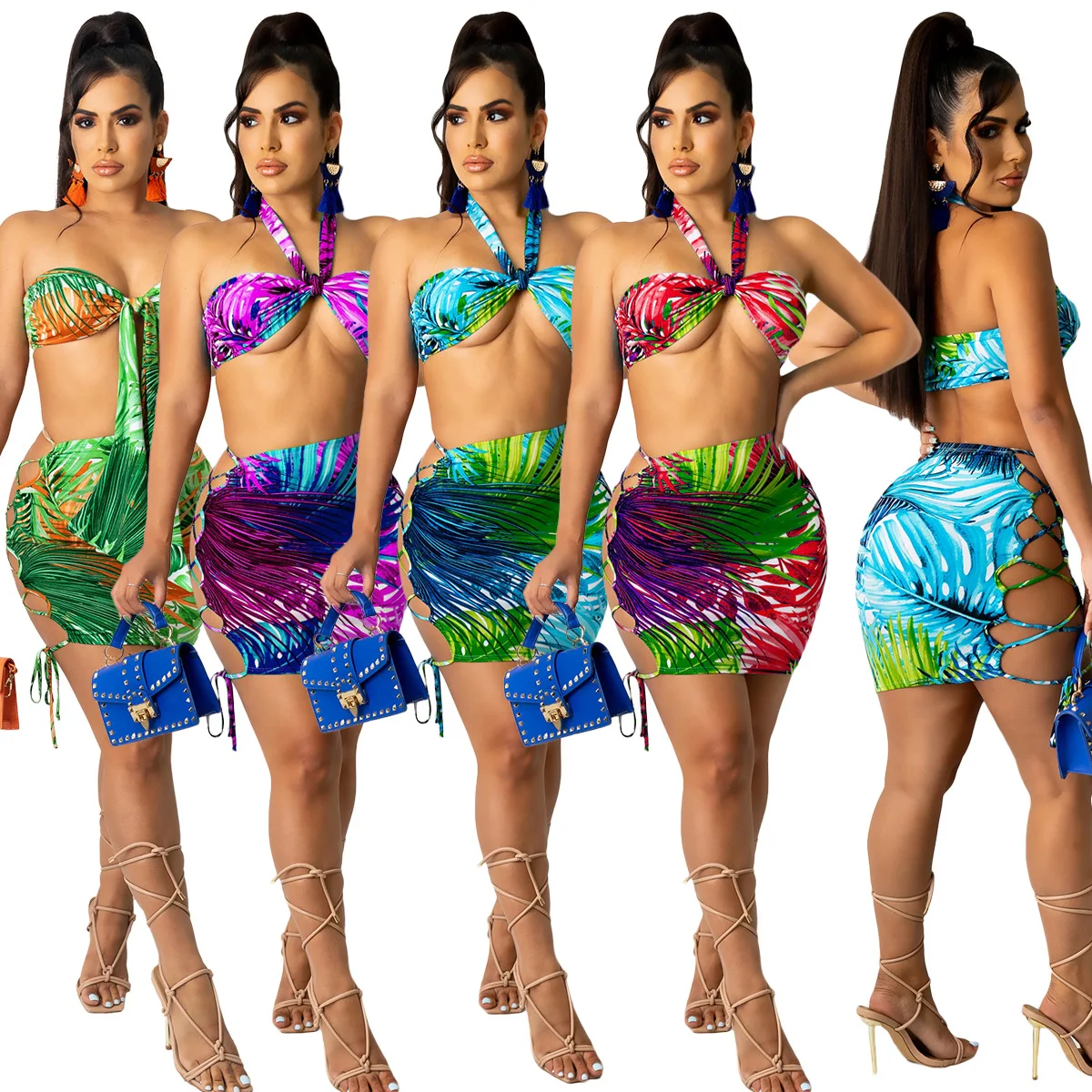 

Сексуальная короткая женская юбка комплекты 2021 летнее модное платье с принтом без рукавов с лямкой через шею укороченный топ + с полыми бока...