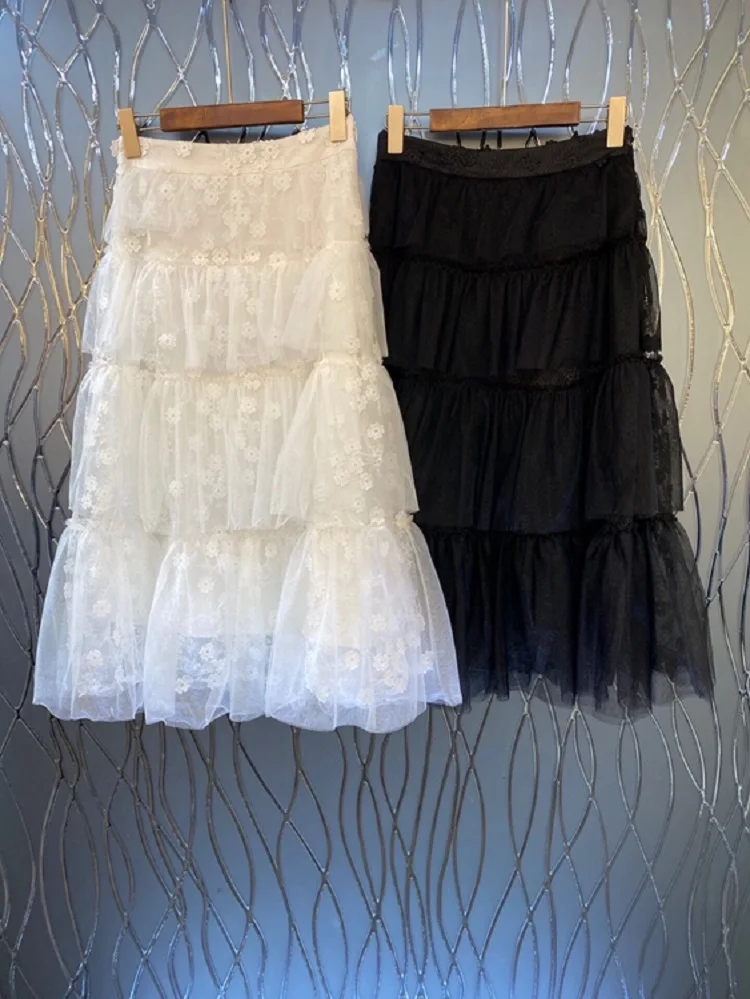 

Summer Fashion 2021 Skirts High Quality Women Cascading Ruffle Mesh Patchwork Mid-Calf Length White Black Casual Skirt Club Wear