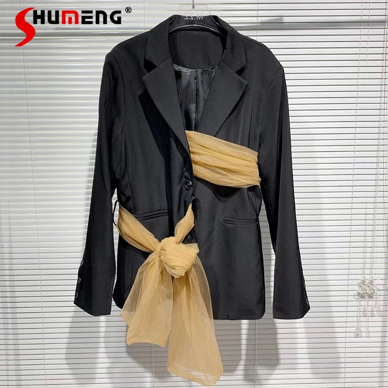 

2021 Early Autumn Women New Korean Style Cross Silk Scarf Mesh Lace-up Blazers Ladies Fashion Long Sleeve Office Lady Suit Coat