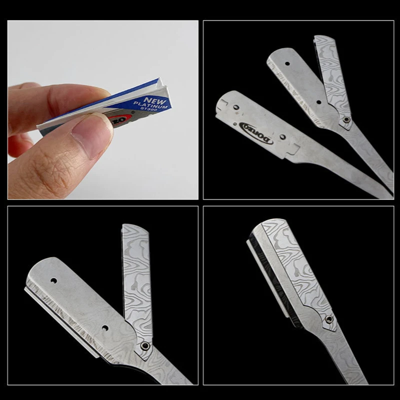 

Men's Facial Shaver Straight Razor Holder Damascus Pattern Stainless Steel Folding Razor Spider Rosewood Grain Handle G0104