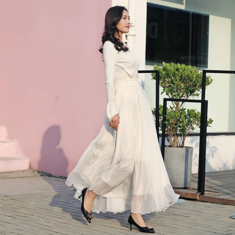 Юбка-макси Женская однотонная со складками классического дизайна с завышенной