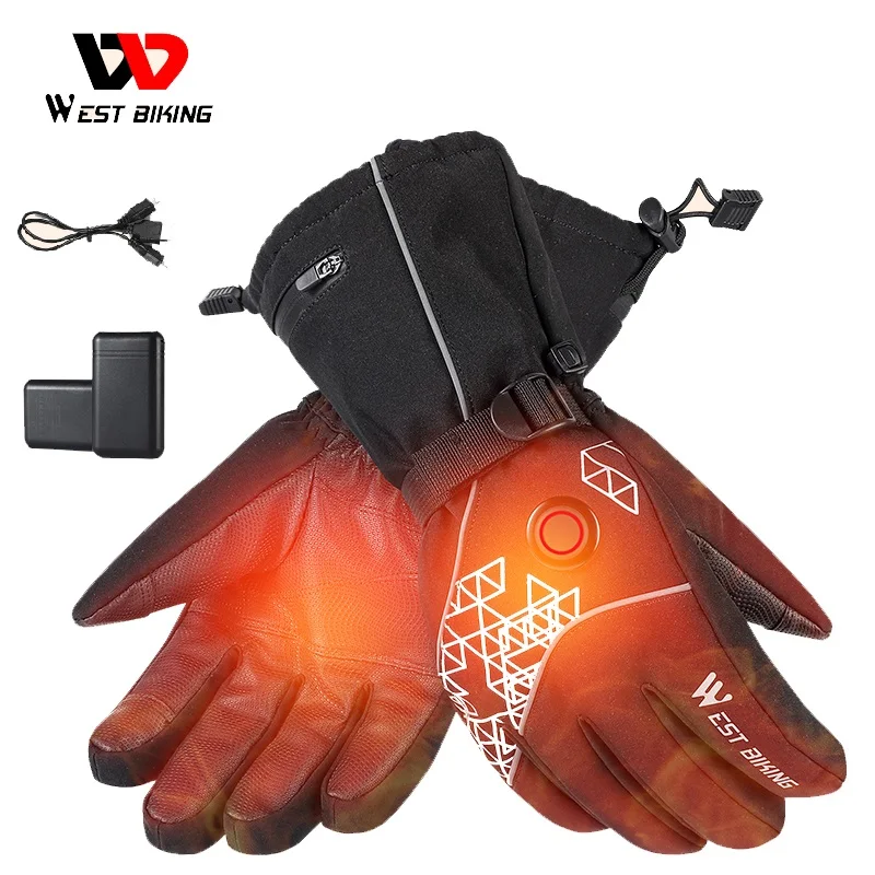 

WEST BIKING Waterproof Heated Gloves USB Rechargeable Winter Cycling MTB Bike Gloves Touch Screen Motorcycle Ski Heating Gloves