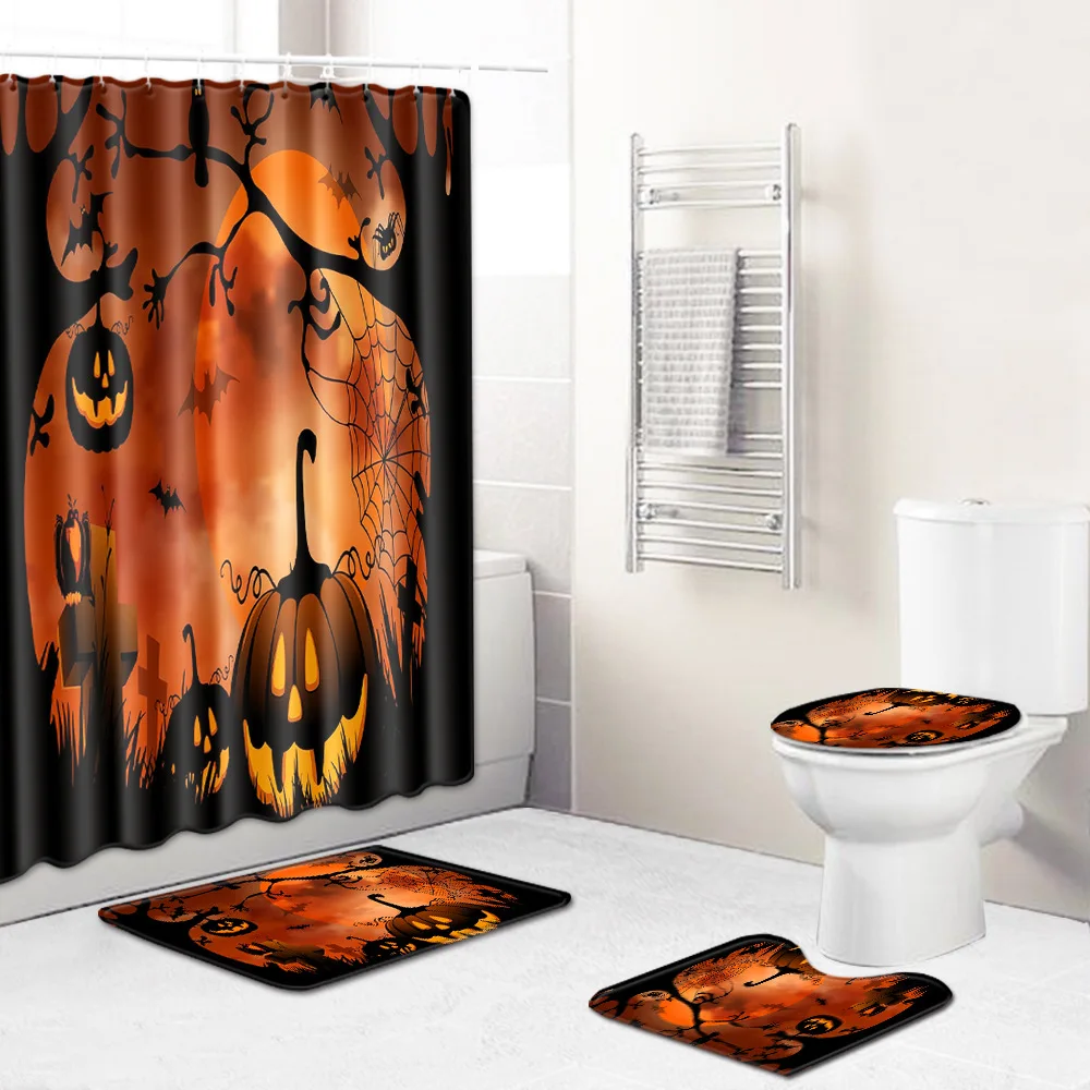 

WUJIE Holloween Waterproof Shower Curtain Set Pedestal Rug Toilet Seat Cover Anti Slip Bath Mat Pumpkin Printed Bathroom Decor