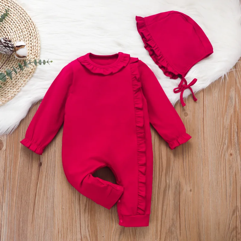 

Newborn Spring Cotton Red Solid Hat + Romper Suit Baby Girls Ruffle Appliques Bodysuit Infant Princess Party Outfits Clothing
