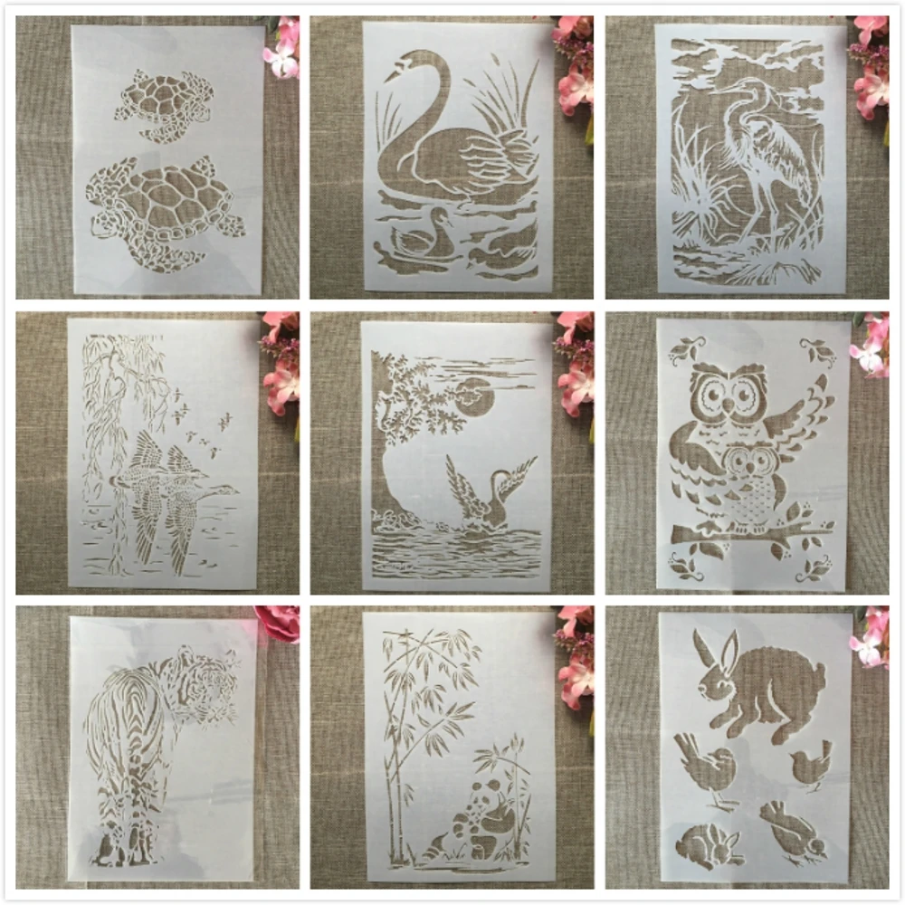 

A4 29cm 9 Designs Animal Panda Turtle DIY Layering Stencils Wall Painting Scrapbook Coloring Embossing Album Decorative Template