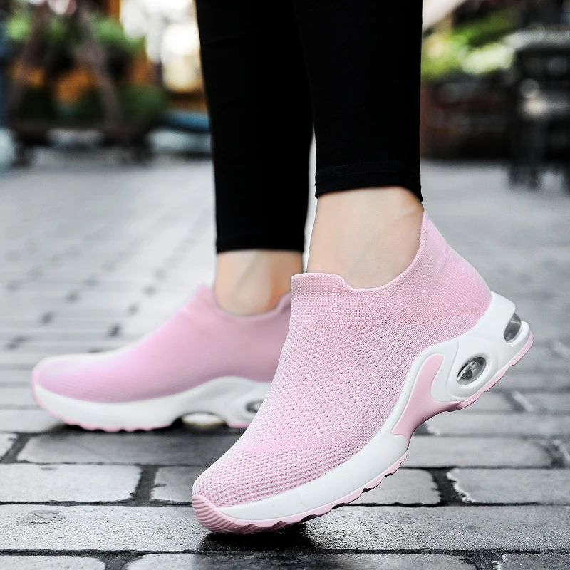 Women's Sneakers Fashion Breathable Walking Shoes Sport Slip-on Air Cushion Lightweight Socks Shoes Solid Color
