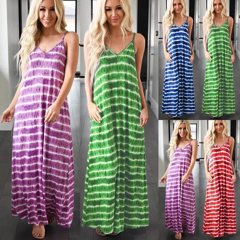 

Casual Dresses Summer Women With Stripes Deep V Neck Sexy Tie Dye Dress Loose Sukienka Boho Beach Wear Dress Ladies Fashion 2021
