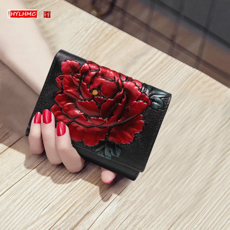 

Fashion New Genuine Leather Women Wallets Clip Painted Flowers Bag Card Package Mini Thin Coins Purses Short Section Female Soft