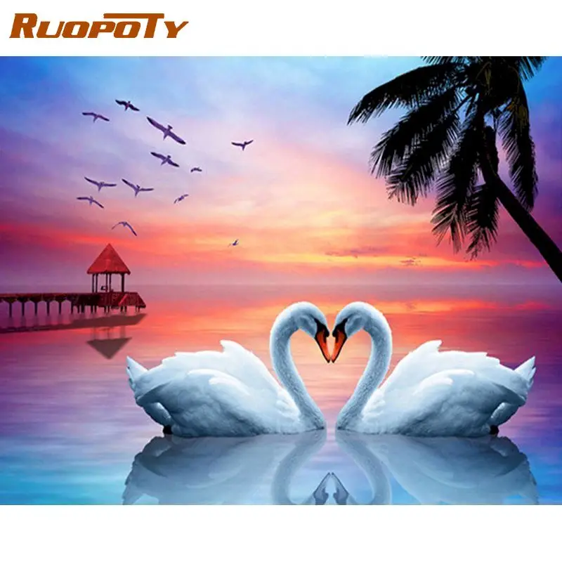 

RUOPOTY Frame DIY Painting By Numbers Swan Animal Handpainted Oil Painting Animals Canvas Colouring Home Wall Decor
