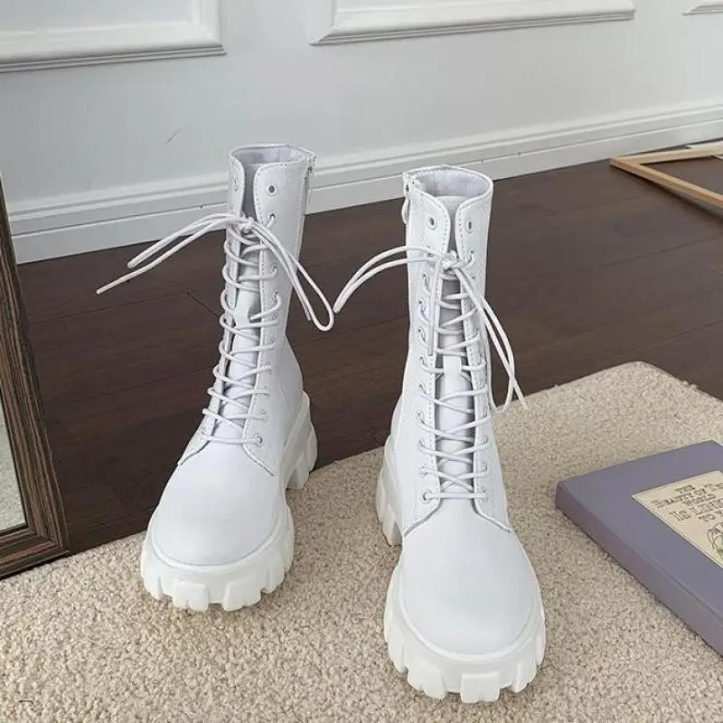 

2021 new mid-tube boots women's autumn and winter fashion lace-up zipper boots sports platform high-heeled women's shoes