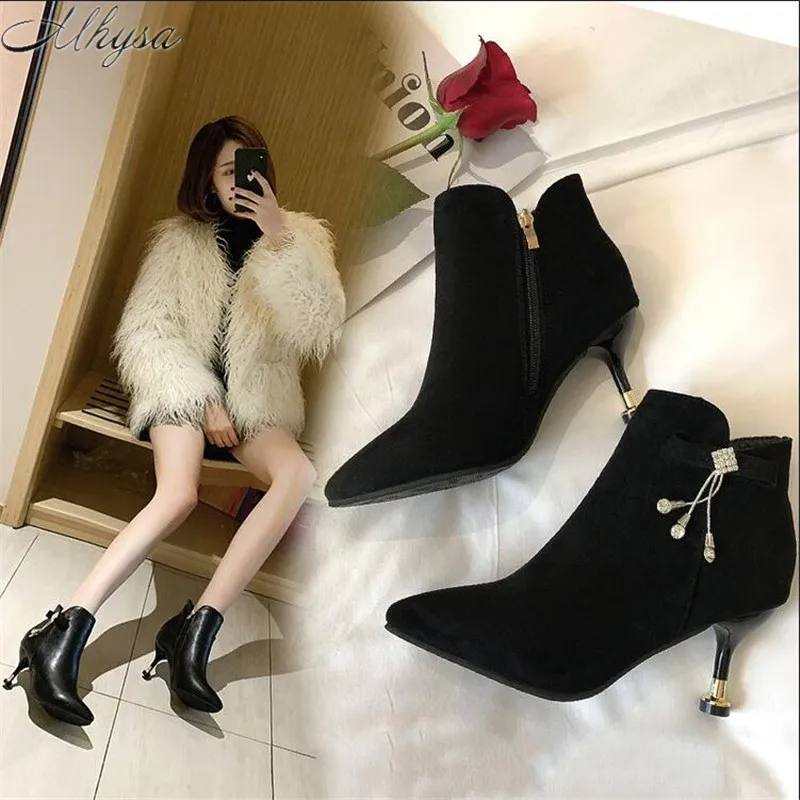 

2019 winter new suede boots women's high heels fashion rhinestone shoes spring and autumn ankle boots women's boots Z523