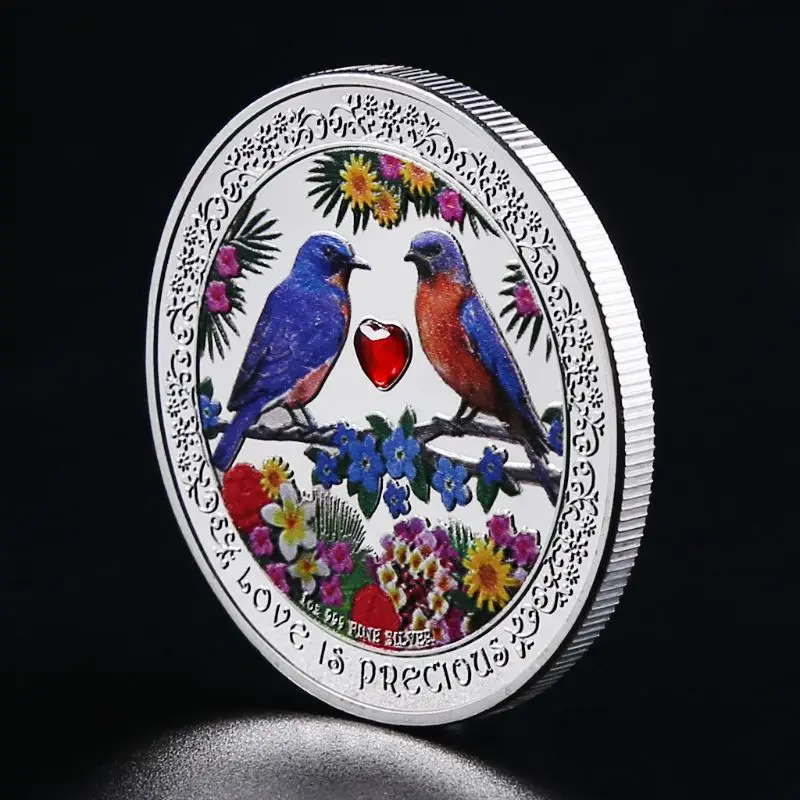 

1pc Colorful Bird Animal Diamond Heart-shaped Commemorative Coin Collection Process Silver-plated Lovebird Love Gold s
