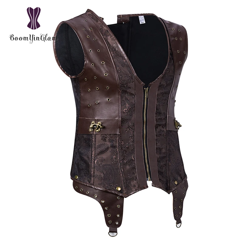Темно коричневый мужской стимпанк Одежда из искусственной кожи жилет 12 стальных